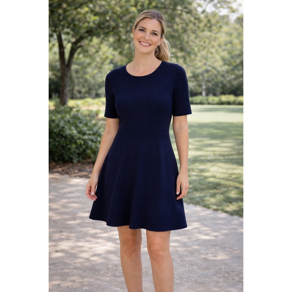 Nina Leonard Navy Blue Fit Flare Sweater Dress Geometric Print Size Medium